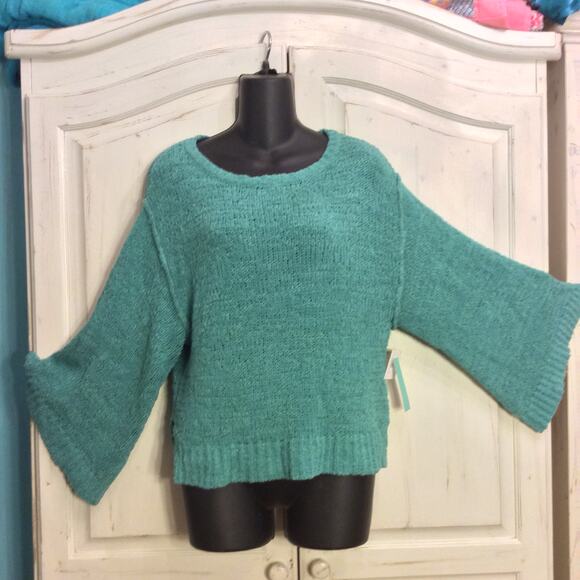 NWT ABOUND NORDSTROM AQUA TURQUOISE BELL SLEEVE COTTON BLEND OVERSIZE SWEATER XS - Picture 1 of 11